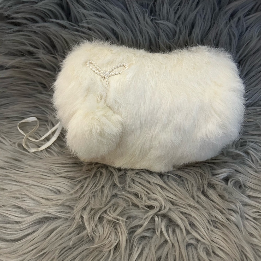 Girls Elegant Vintage White Rabbit Fur Hand muff, Satin lining, 8 inches Long